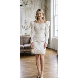 VTG Eve Of Milady Pearl White Lace Beaded Puff Sleeve Dress Approx S Wedding